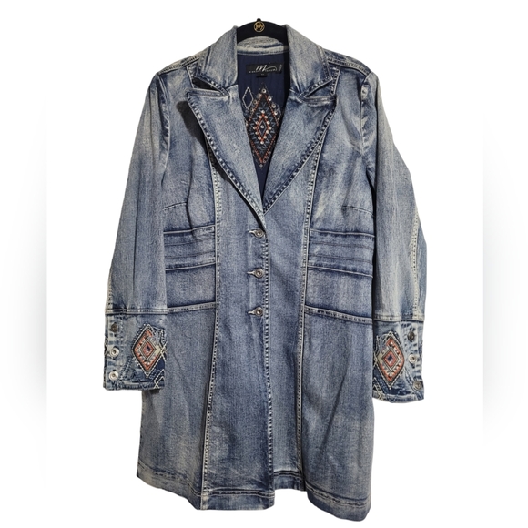 Embroidered Aztec Rhinestone Denim Blazer Jacket - Picture 3 of 7
